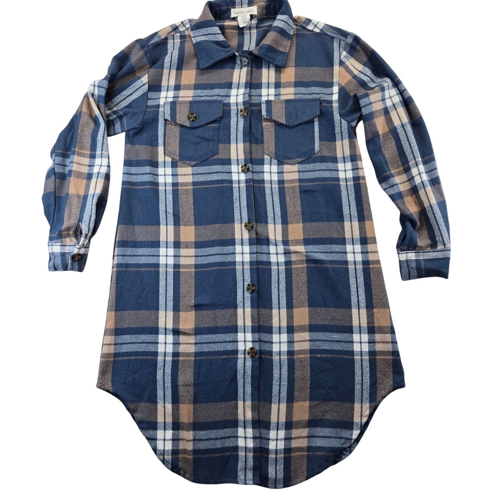 Happily Grey Shirt Dress Womens M Blue Plaid Long Sleeve Button Front Tunic